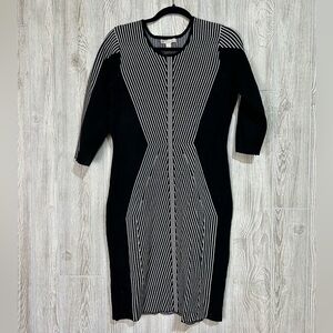 Black White Striped Knit Bodycon Sweater Dress 3/4 Sleeve Size Large
